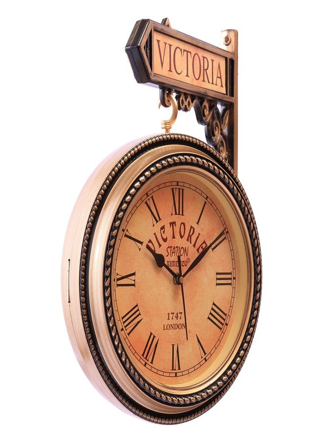 Ximdeco Golden Plastic Wooden Pattern Replica Dual Side Victoria Station Analog Wall Clock Hanging Style Platform Railway Clock Home Decor (Golden) (Length 33 cm, Width 10 cm) - Image 4